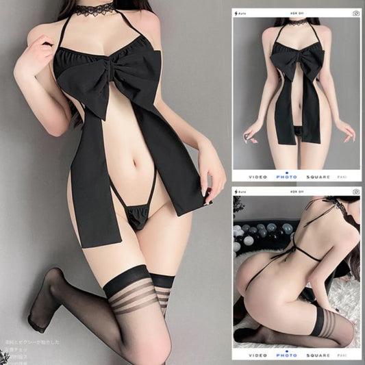 BS2063-性感內衣女性感睡衣透視大蝴蝶結誘惑連三點式體衣套裝