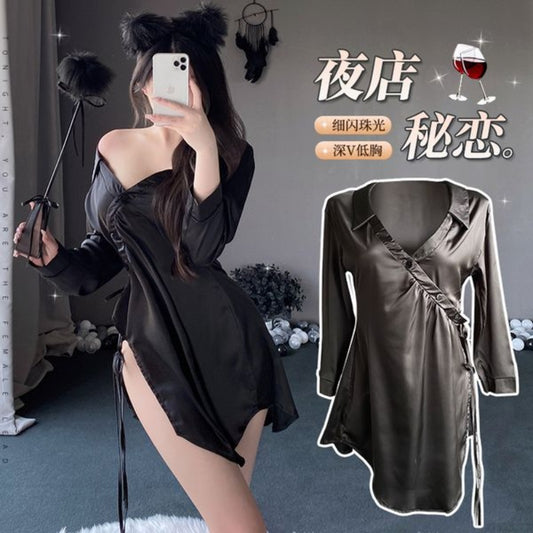 BS2751-性感內衣露肩襯衫式純欲睡裙性感暴露女裝大碼激情免脫女睡衣