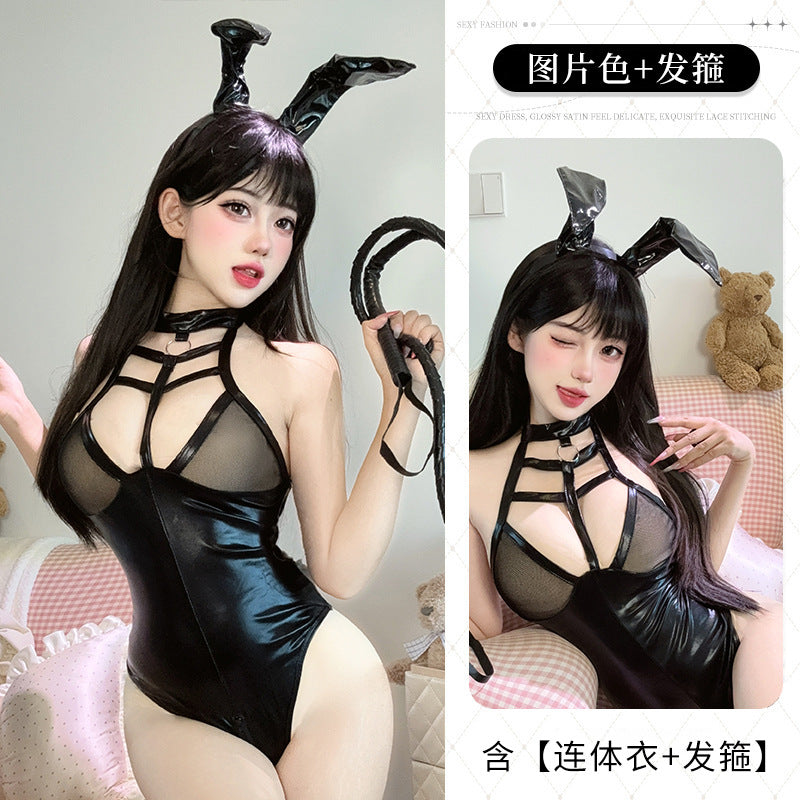 BT6506-性感漆皮網紗透視連體衣捆綁束縛掛脖誘惑緊身制服免脫套裝女睡衣睡裙