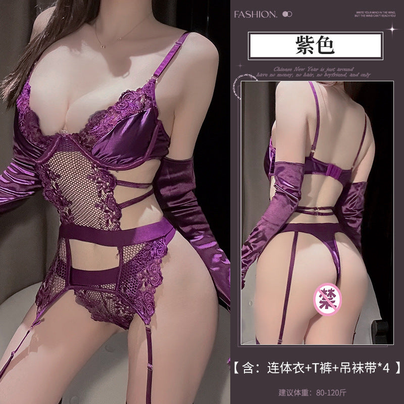 BS8570-性感內衣情趣內衣紫色刺繡鋼圈蕾絲拼接透視純欲激情套裝女睡衣睡裙