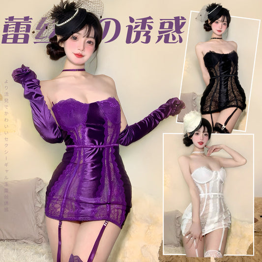 BS8118-情趣內衣性感內衣純欲誘惑性感蕾絲拼接紫色連體衣免脫套裝女睡衣睡裙