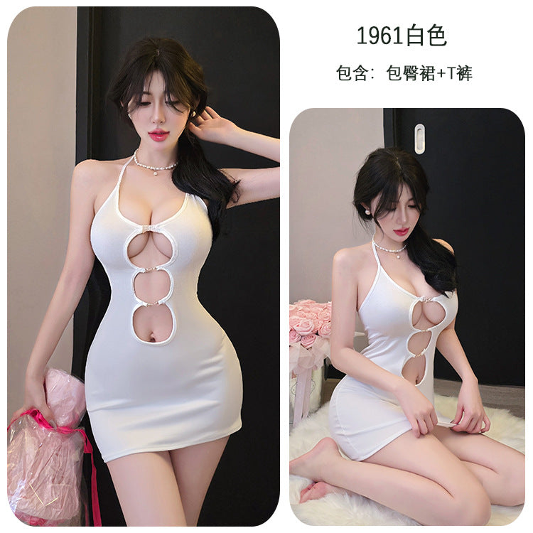 【A-1961】情趣內衣豹紋緊身包臀裙誘惑約會戰袍掛脖吊帶睡衣女睡衣睡裙