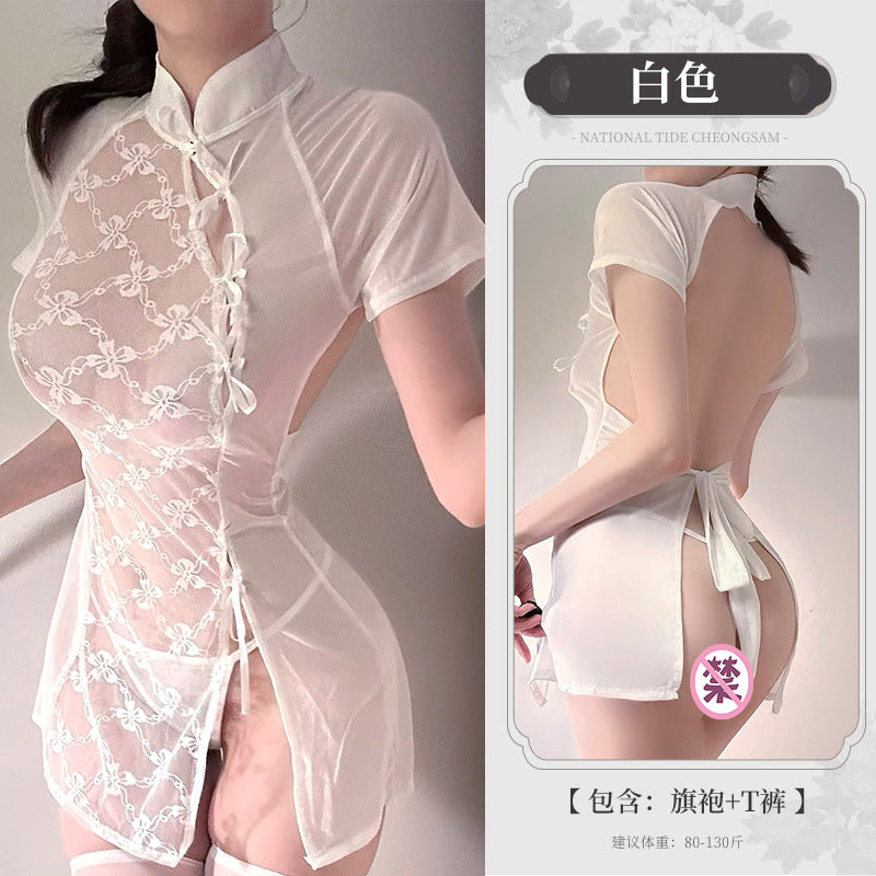 BS8345-性感內衣蕾絲開叉透視旗袍制服純欲誘惑情趣內衣激情免脫女睡衣睡裙