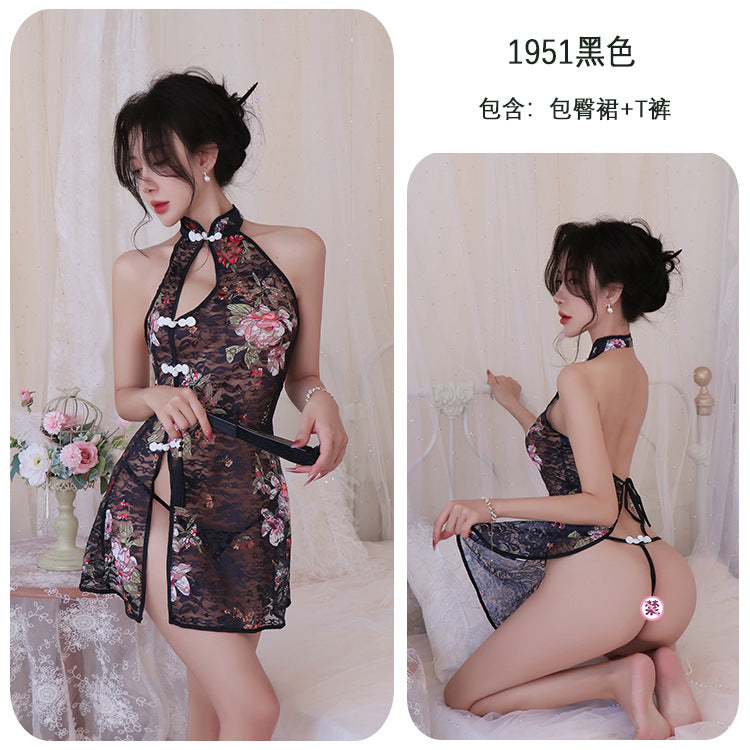 【A-1951】性感內衣情趣內衣旗袍制服誘惑火辣透明開叉免脫性感女睡衣睡裙