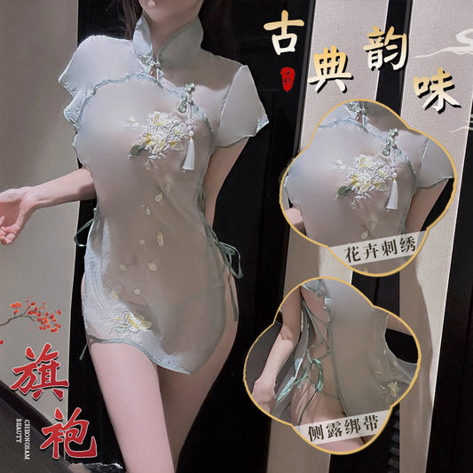 BT8565-性感內衣情趣制服火辣透視古典立領情趣旗袍復古刺繡開叉套裝睡衣