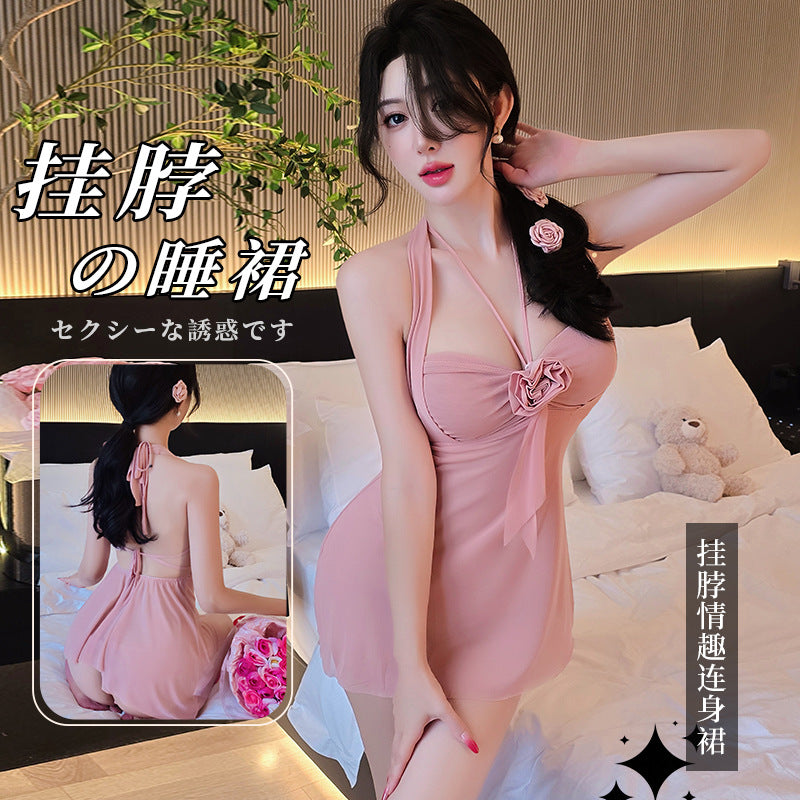 【A-1109】情趣內衣性感睡衣純欲風掛脖吊帶裙透視玫瑰花睡裙女睡衣睡裙