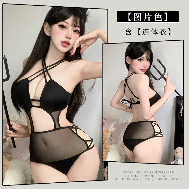 BS2960-性感情趣內衣小惡魔掛脖透視系帶三點式惹火透視制服免脫套裝女睡衣睡裙