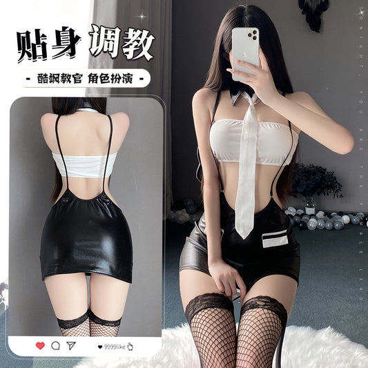 BT2891-性感情趣內衣女颯教官扮演漆皮套裝性感禦姐制服激情免脫套裝女睡衣睡裙