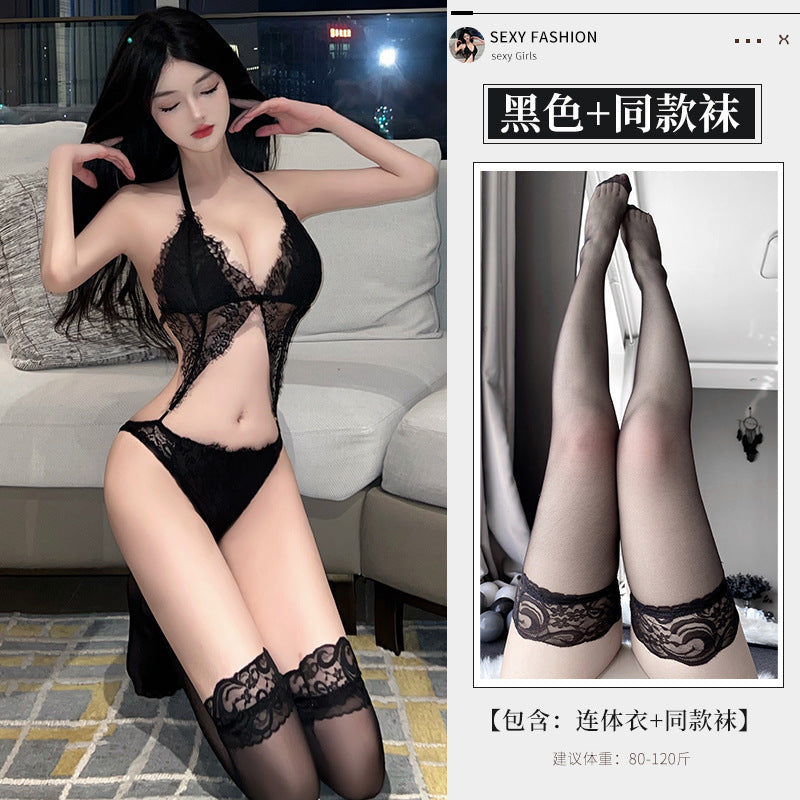 BS8307-性感內衣情趣內衣女性感鏤空露乳掛脖蕾絲誘惑透視連體睡衣睡裙