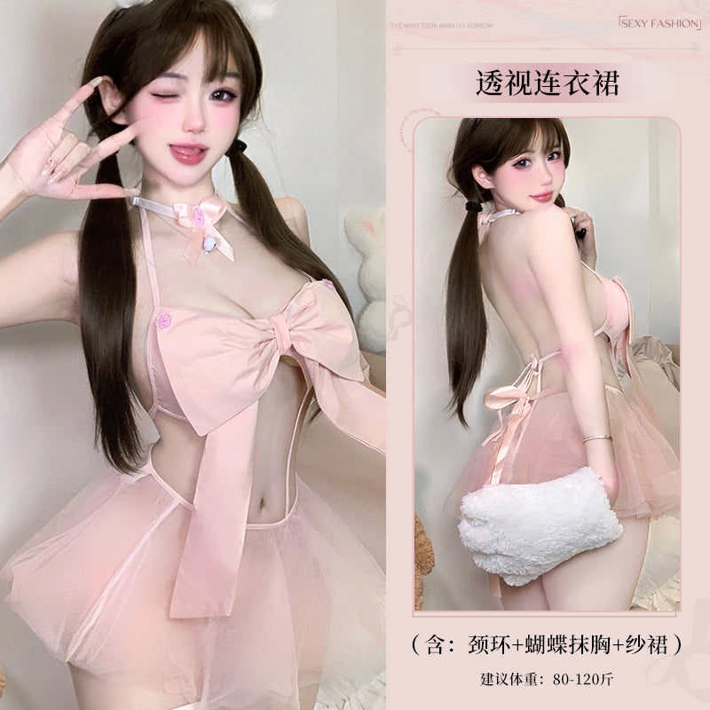BS8236-性感情趣內衣粉色蝴蝶結三點式純欲誘惑拼接網紗透視套裝女睡衣睡裙