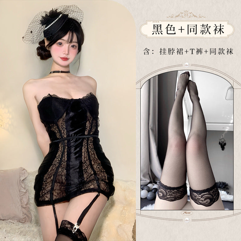 BS8118-情趣內衣性感內衣純欲誘惑性感蕾絲拼接紫色連體衣免脫套裝女睡衣睡裙