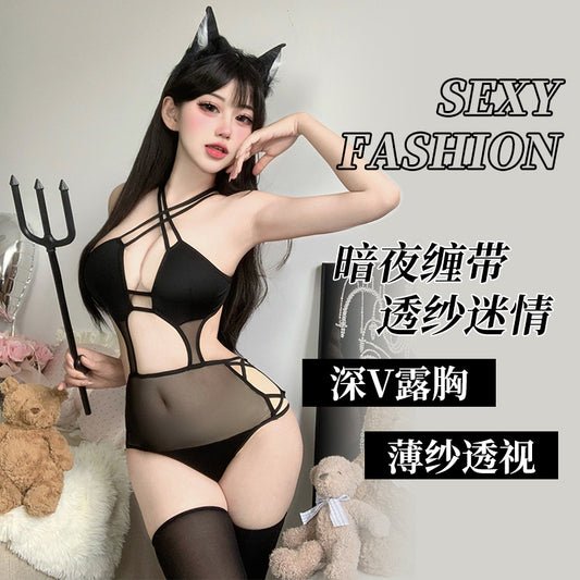BS2960-性感情趣內衣小惡魔掛脖透視系帶三點式惹火透視制服免脫套裝女睡衣睡裙