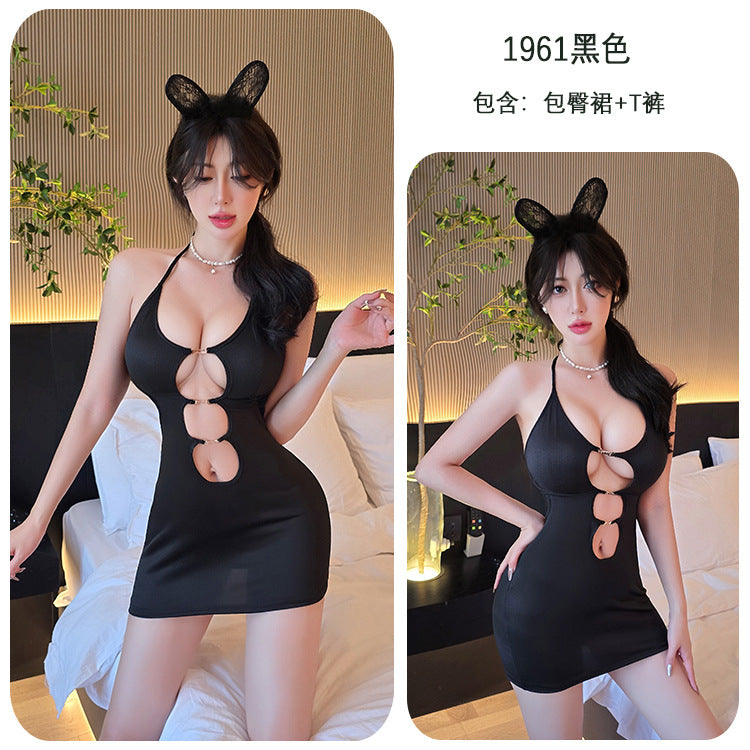 【A-1961】情趣內衣豹紋緊身包臀裙誘惑約會戰袍掛脖吊帶睡衣女睡衣睡裙