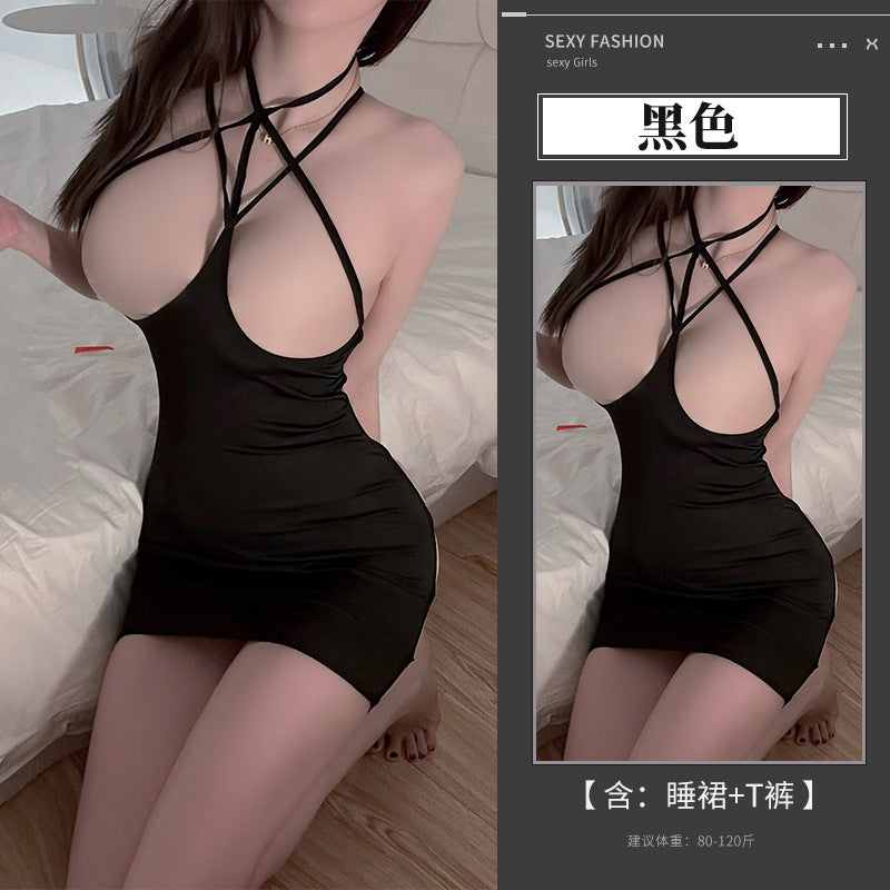 BS8617-性感內衣情趣內衣束縛露乳包臀吊帶連衣睡裙後背鏤空綁帶制服套裝女睡衣睡裙