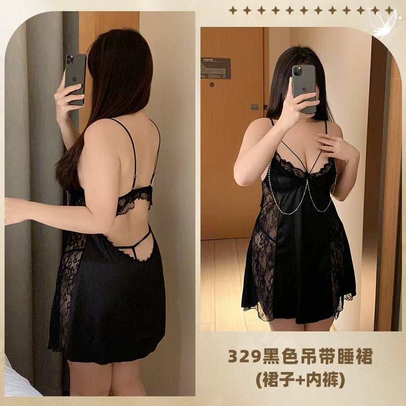 CS329-大碼性感蕾絲吊帶睡裙家居服冰絲薄款透視睡衣純欲風珠鏈睡裙夏女睡衣睡裙