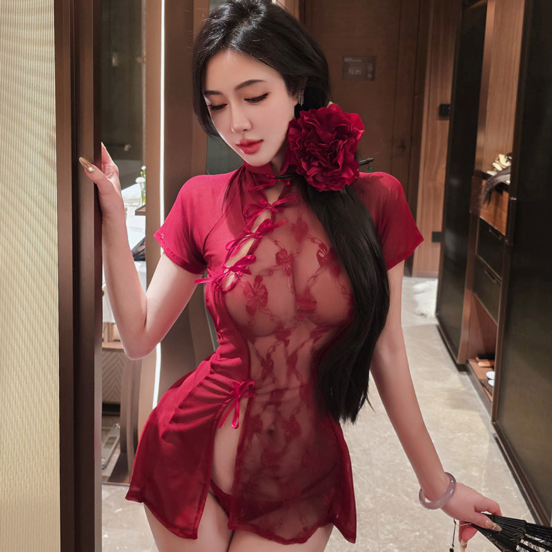 【A-1822】性感情趣內衣性感蕾絲制服網紗女透視古典刺繡旗袍套裝女睡衣睡裙