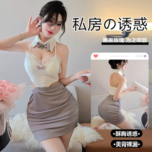【A-3302】情趣內衣性感純欲蕾絲花邊掛脖連衣裙鏤空緊身包臀裙女睡衣睡裙
