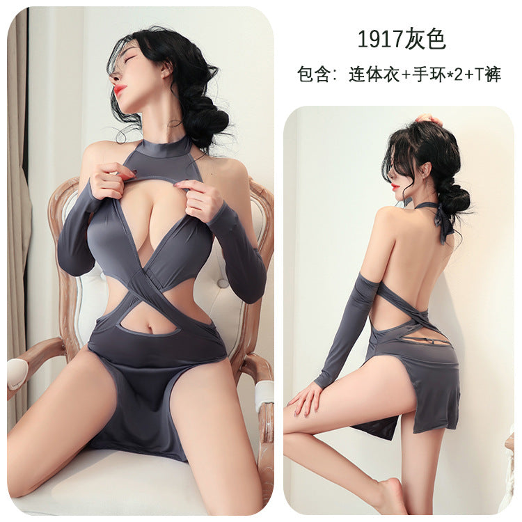 【A-1917】性感內衣情趣內衣連連體交叉掛脖透視旗袍夜店角色扮演制服女睡衣女睡裙