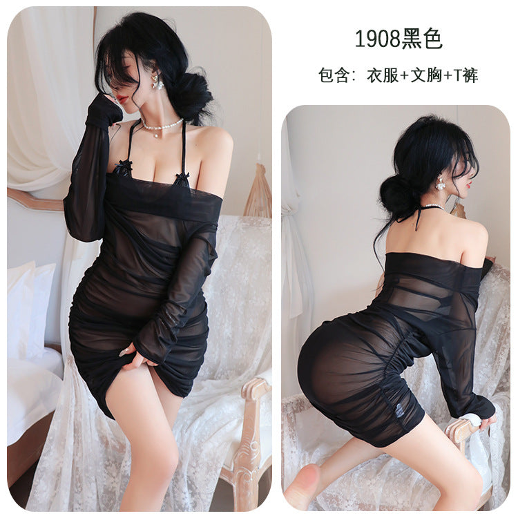 【A-1908】情趣內衣透視長袖包臀連衣裙激情火辣性感制服誘惑女睡衣睡裙