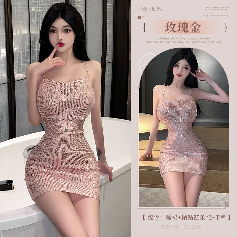 BT8529-性感內衣情趣內衣女性感閃亮夜店火辣誘惑露背吊帶睡裙免脫女睡衣睡裙