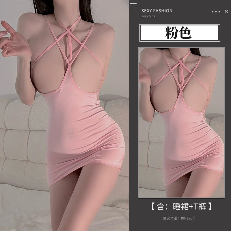 BS8617-性感內衣情趣內衣束縛露乳包臀吊帶連衣睡裙後背鏤空綁帶制服套裝女睡衣睡裙
