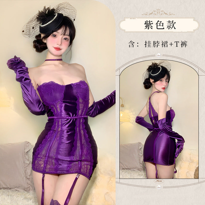 BS8118-情趣內衣性感內衣純欲誘惑性感蕾絲拼接紫色連體衣免脫套裝女睡衣睡裙