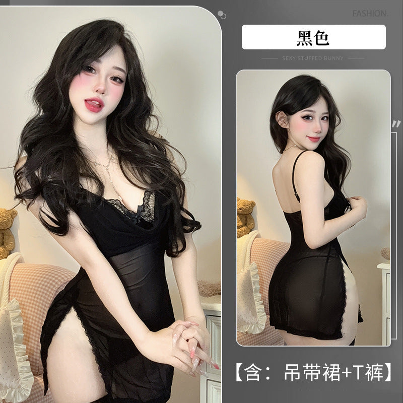 BS6508-性感純欲蕾絲火辣誘惑睡裙網紗透視魅惑花邊鏤空免脫睡裙套裝女睡衣睡裙