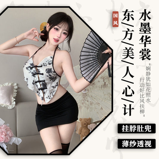 BT8434-情趣內衣國潮復古風性感掛脖肚兜火辣包臀裙旗袍制服套裝女睡衣睡裙