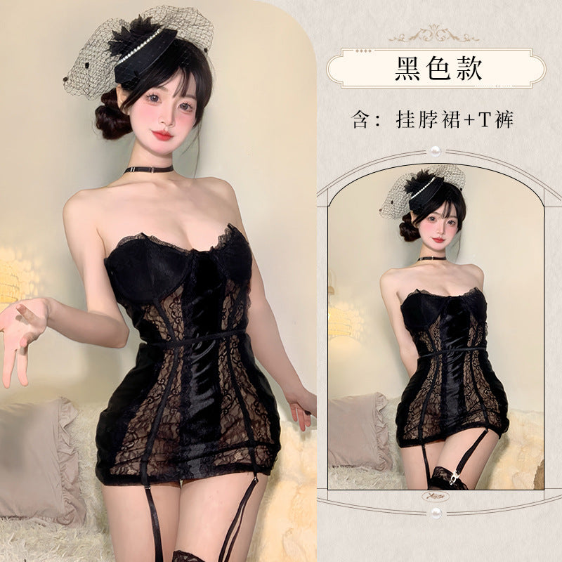 BS8118-情趣內衣性感內衣純欲誘惑性感蕾絲拼接紫色連體衣免脫套裝女睡衣睡裙