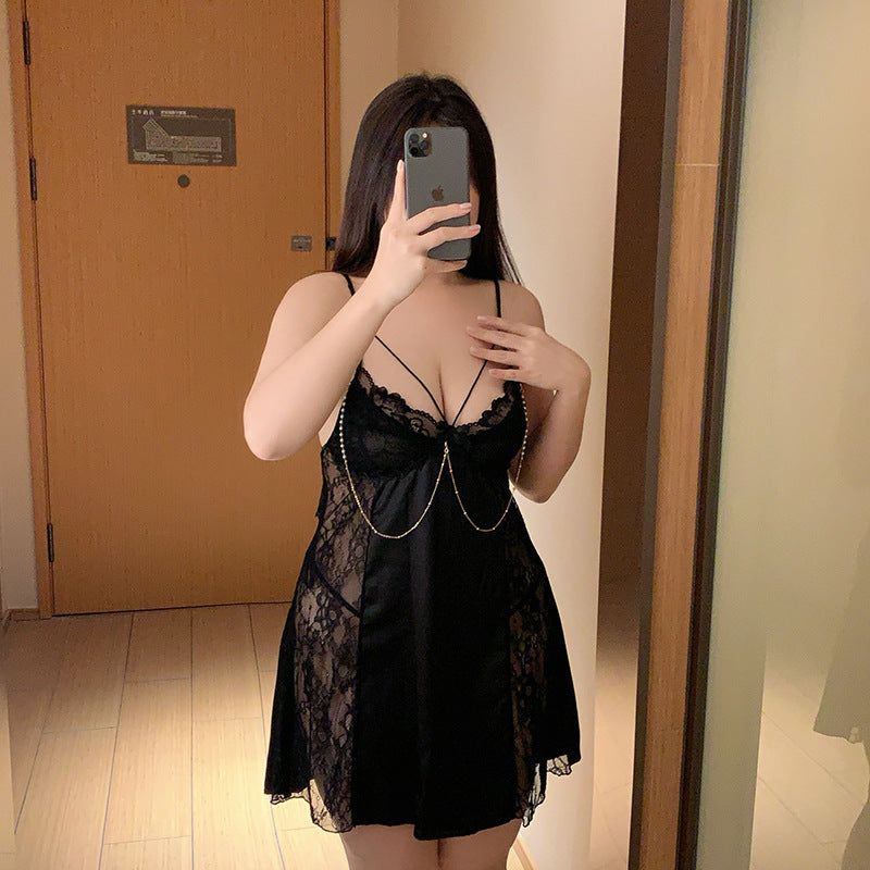 CS329-大碼性感蕾絲吊帶睡裙家居服冰絲薄款透視睡衣純欲風珠鏈睡裙夏女睡衣睡裙