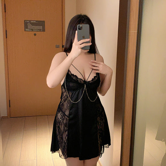 CS329-大碼性感蕾絲吊帶睡裙家居服冰絲薄款透視睡衣純欲風珠鏈睡裙夏女睡衣睡裙