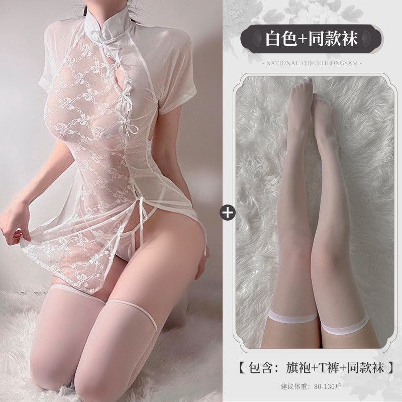 BS8345-性感內衣蕾絲開叉透視旗袍制服純欲誘惑情趣內衣激情免脫女睡衣睡裙
