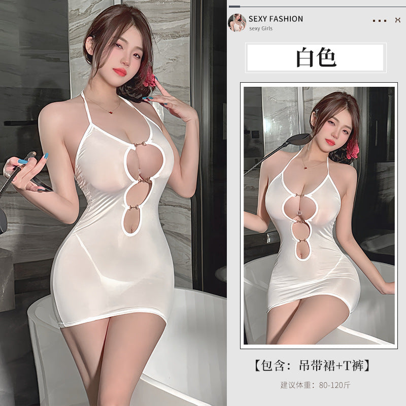 BS8556-性感內衣情趣內衣女純欲短裙誘惑豹紋掛脖吊帶連體免脫女睡衣睡裙