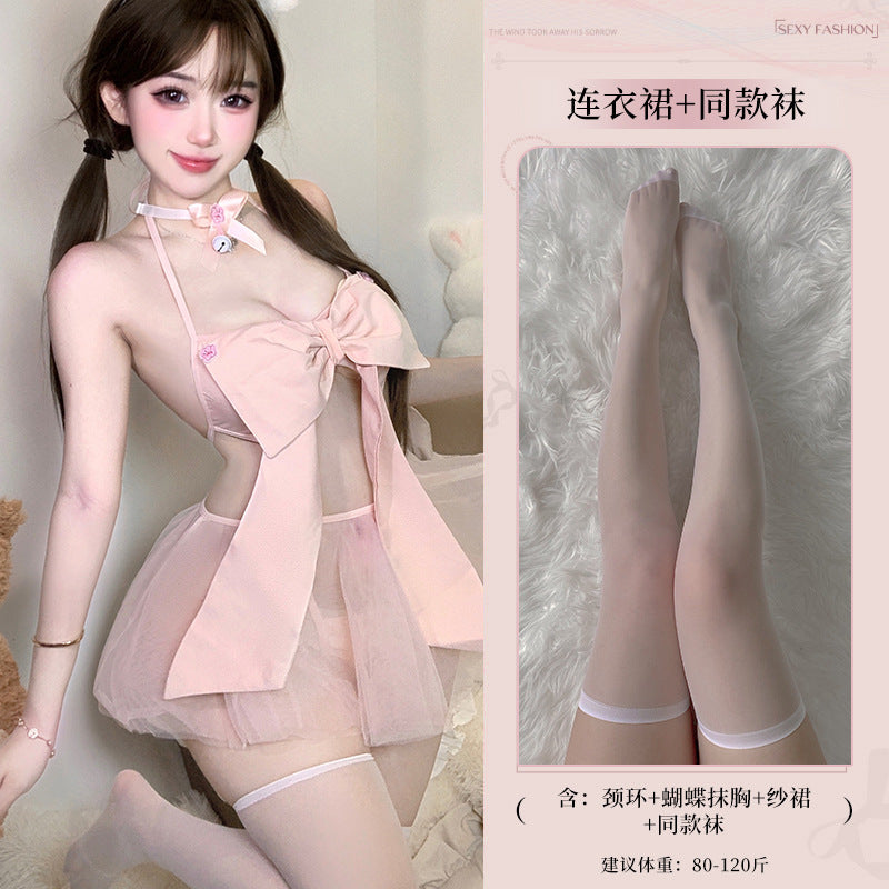 BS8236-性感情趣內衣粉色蝴蝶結三點式純欲誘惑拼接網紗透視套裝女睡衣睡裙