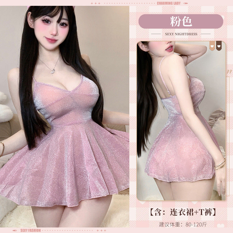 BS8233-性感情趣內衣女純欲吊帶亮閃粉睡裙睡衣激情床上約會套裝女睡衣睡裙