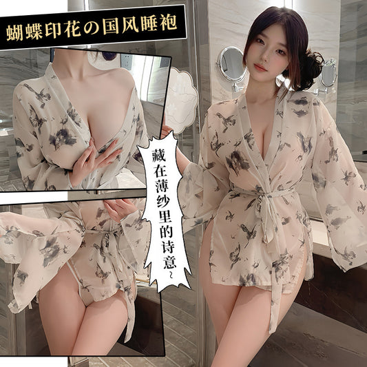 BS8593-性感情趣內衣性感蝴蝶印花透視系帶深V開襟和服睡袍免脫套裝女睡衣睡裙