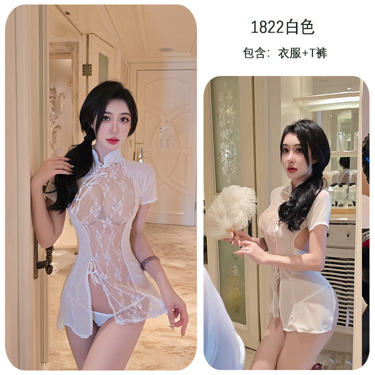 【A-1822】性感情趣內衣性感蕾絲制服網紗女透視古典刺繡旗袍套裝女睡衣睡裙