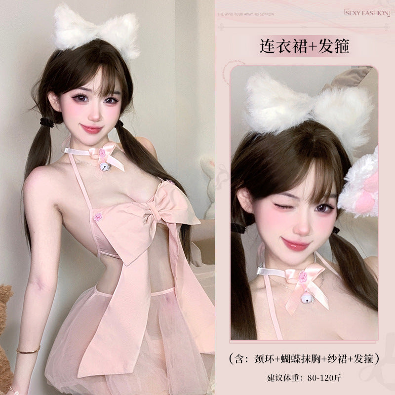 BS8236-性感情趣內衣粉色蝴蝶結三點式純欲誘惑拼接網紗透視套裝女睡衣睡裙