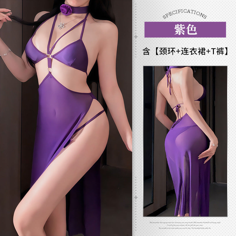 BS8376-性感純欲鏤空吊帶氣質露背掛脖高級感修身連衣睡裙套裝女睡衣睡裙