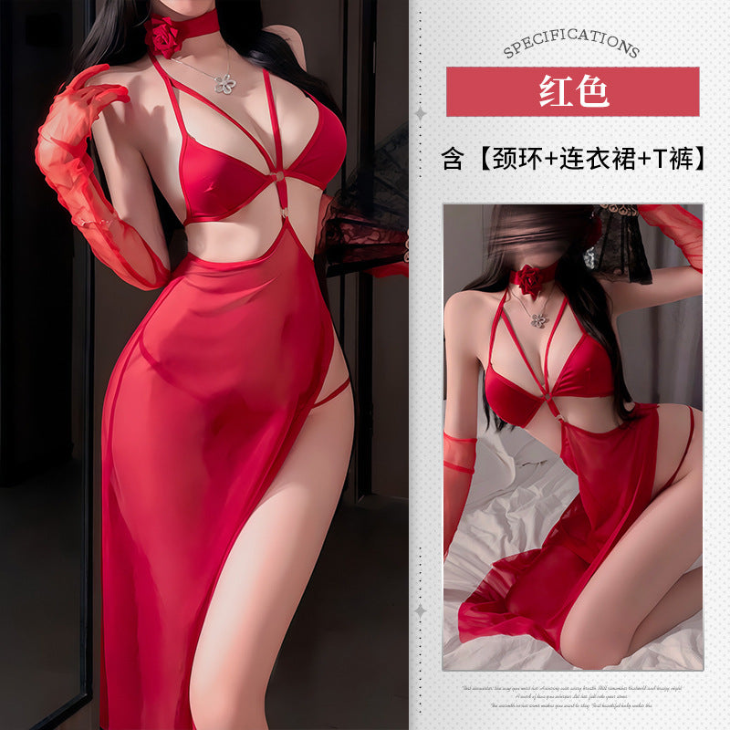 BS8376-性感純欲鏤空吊帶氣質露背掛脖高級感修身連衣睡裙套裝女睡衣睡裙