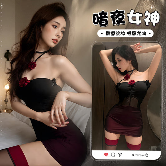 BT8586-夜店純欲風性感情趣內衣氣質包臀顯瘦花朵掛脖網紗連衣裙女睡衣睡裙