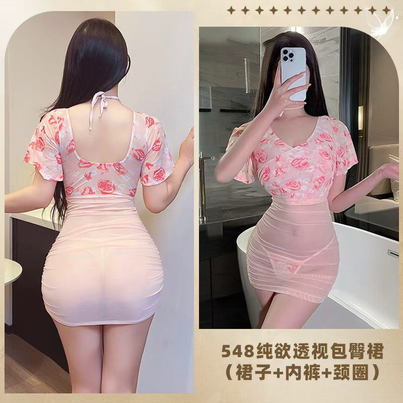 CS548-大碼情趣內衣性感透視深V玫瑰輕紗包臀裙純欲風禁欲系情調睡衣女睡衣睡裙