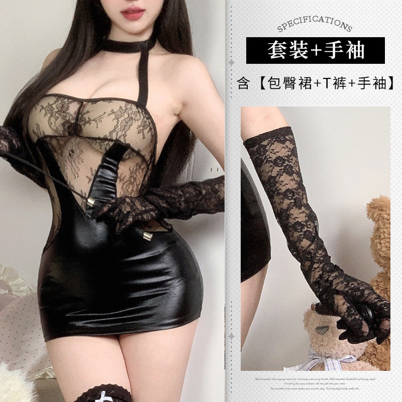 BS1319-性感情趣內衣純欲蕾絲透視掛脖包臀裙純欲免脫連體制服套裝女睡衣睡裙