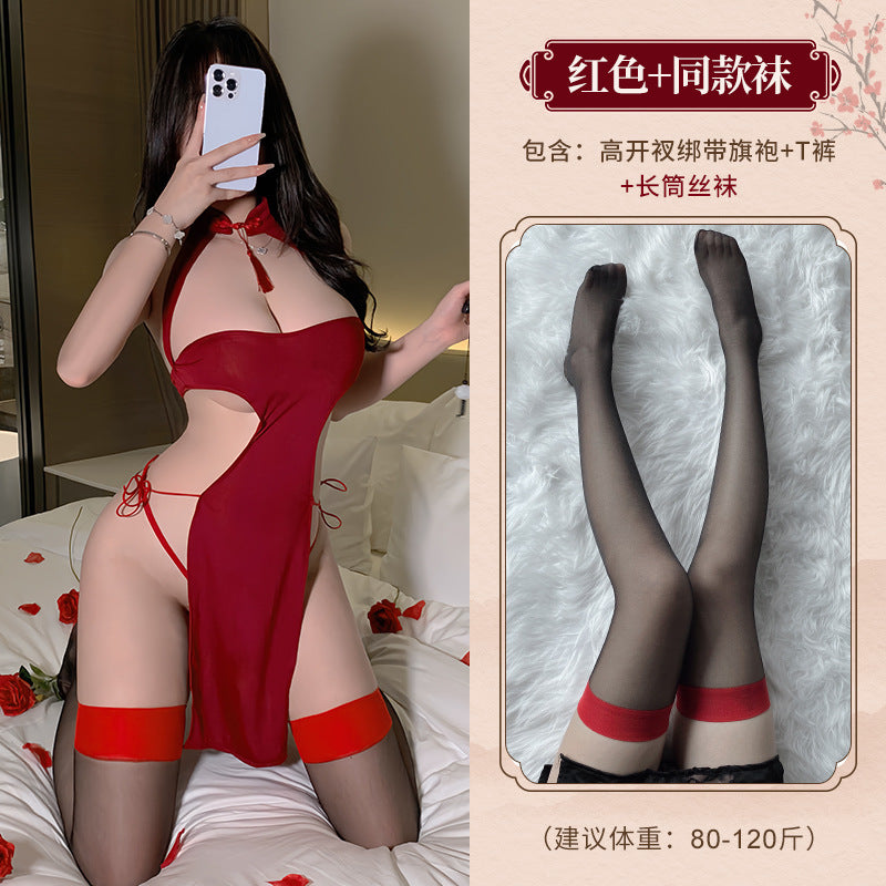 BT8314-性感內衣情趣內衣性感鏤空火辣系帶角色扮演旗袍制服高開叉長裙女睡衣女睡裙