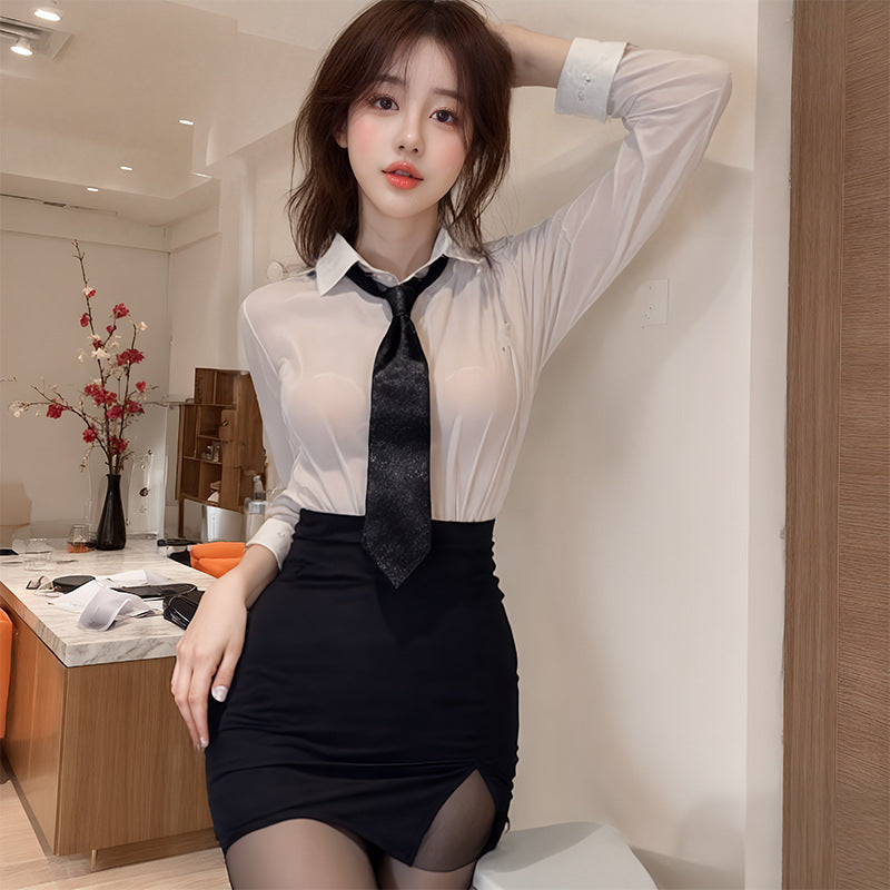 BT1042-2-性感風情誘惑秘書情趣內衣女制服性感露溝純欲大碼包臀裙免脫套裝