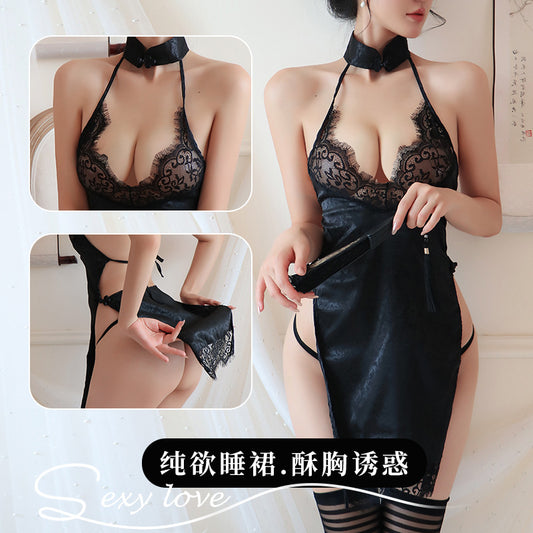 【A-1816】性感內衣情趣内衣性感诱惑高开叉床上激情免脱透视蕾丝旗袍女睡衣睡裙