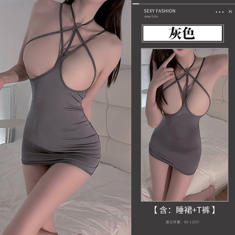 BS8617-性感內衣情趣內衣束縛露乳包臀吊帶連衣睡裙後背鏤空綁帶制服套裝女睡衣睡裙