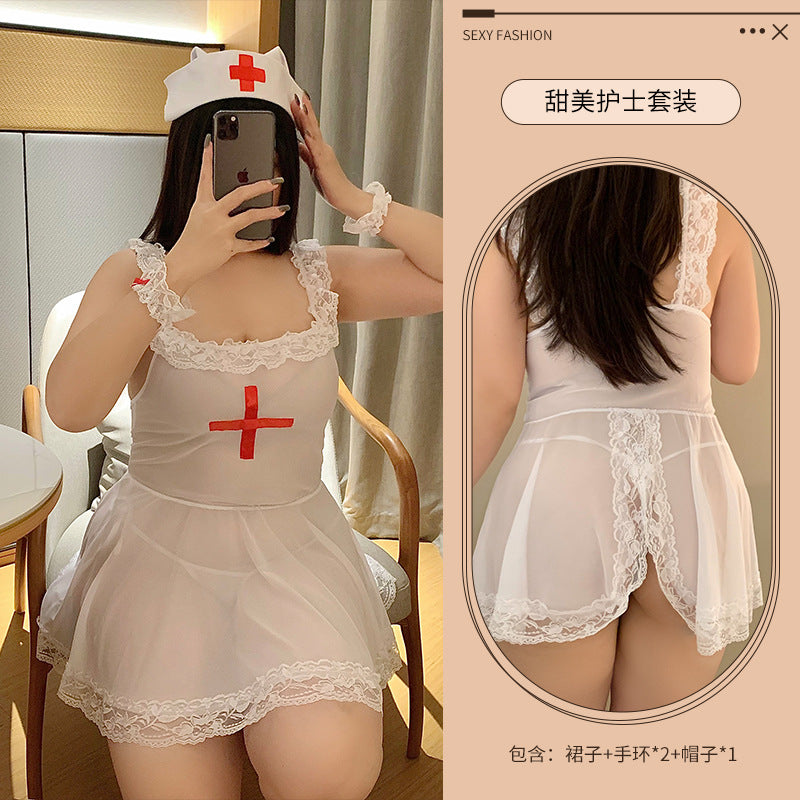 CT101-大碼情趣內衣護士制服透明露乳網紗胖MM睡裙角色扮演加肥加大