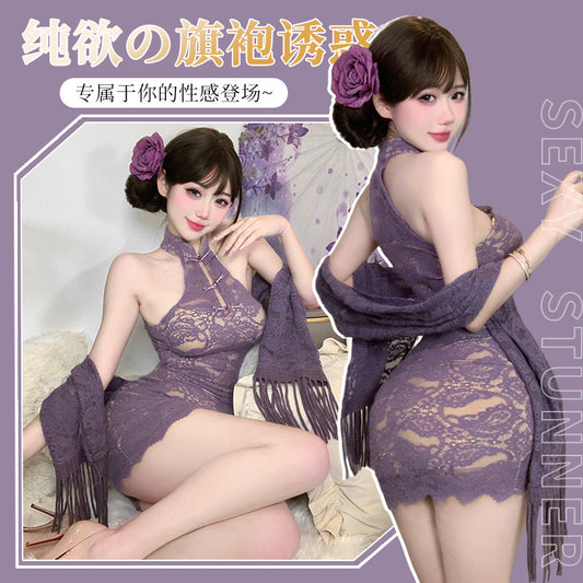 BS8250-性感欲風掛脖盤扣蕾絲免脫包臀裙蘇披肩上衣兩件套女睡衣睡裙