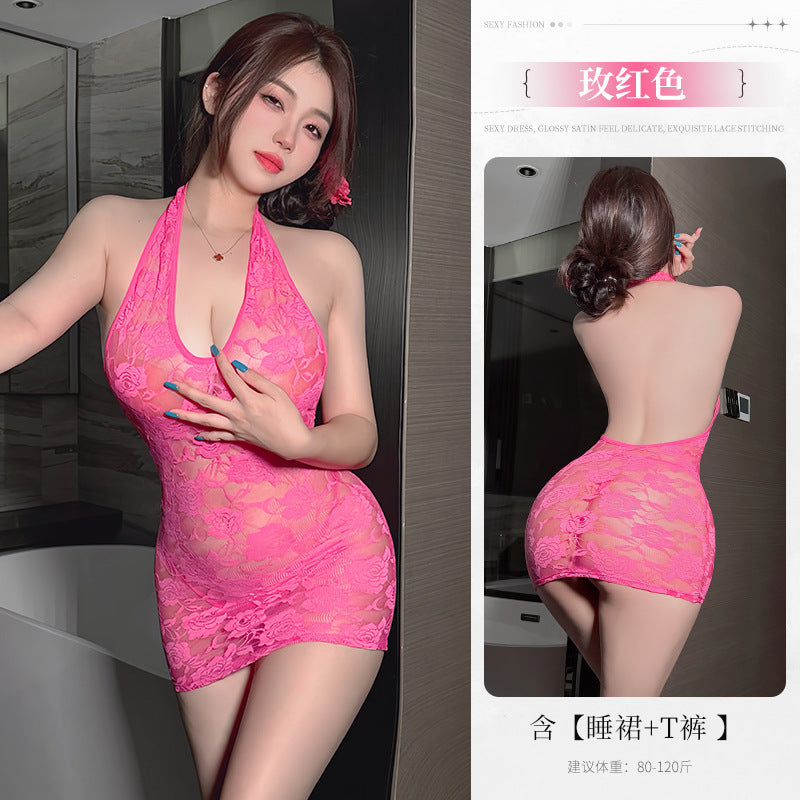 BS8554-性感內衣情趣內衣純欲夜店蕾絲透視誘惑掛脖露胸緊身包臀連衣裙女睡衣睡裙